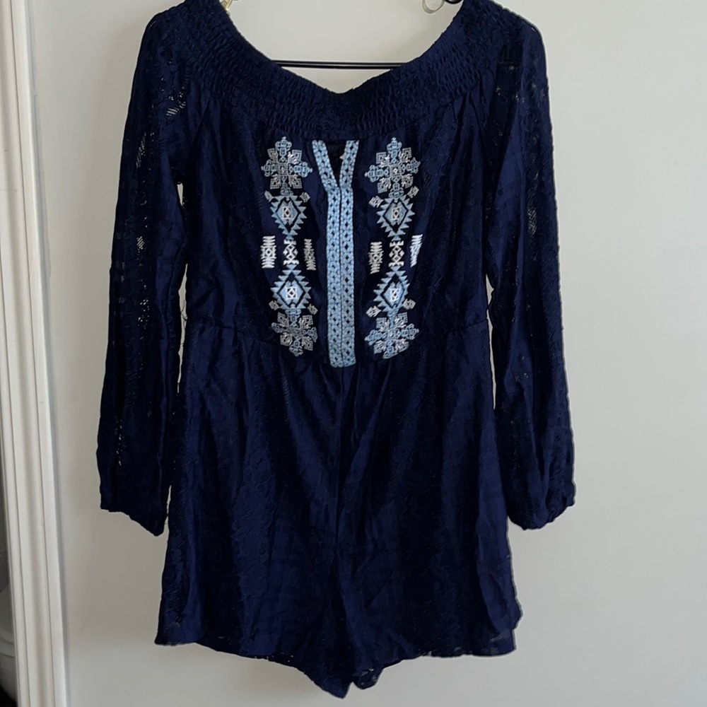Navy Lace Off Shoulder Long Sleeve Romper